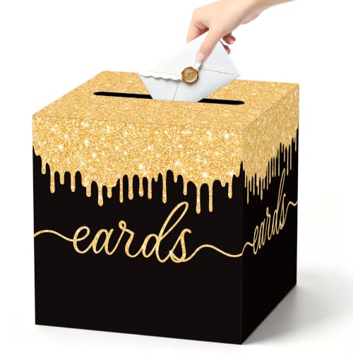 Image of Black and Gold Wedding Card Box with Slot for Reception and Bridal Shower