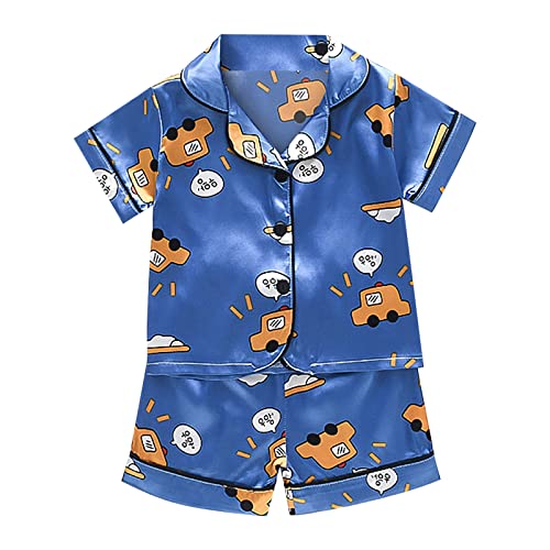 Boys Girls Short Sleeve 𝐏ajamas 2 Piece Satin 𝐏a𝐣ama Set Button Down 𝗦ilk 𝐏ajamas with Shorts Cartoon Loung𝐞wear