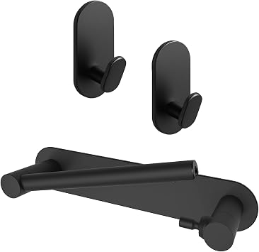 Matte Black 2 Piece Adhesive Bathroom Hardware Set, Includes Toilet Paper Holder, Towel Hooks Accessories Kit, Stainless Steel and Zinc Alloy