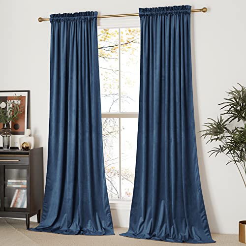 NICETOWN Navy Velvet Curtains 84 inches for Bedroom, Sound Reducing Heavy-Duty Solid Rod Pocket Light Blocking Drapes/Panels for Living Room (Navy Blue, 2 Panels, 52 inches Wide Each Panel)