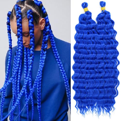 Eerya Long Curly Braiding Hair 18 Inch 2 Packs Blue Deep Ocean Wave Crochet Hair for Black Women Deep Wave Braiding Hair for Boho Braids (18 inch, blue)