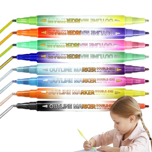 XUQEAYWD Marcadores de contorno de doble forro | Juego de 8 marcadores de purpurina de doble forro para arte, bolígrafos artísticos para pintura, garabateo, dibujo y caligrafía