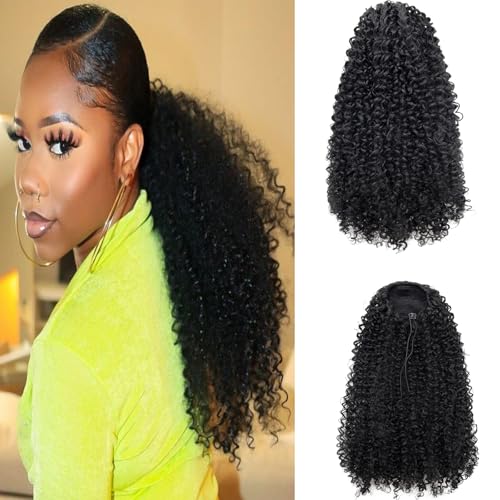 MARJITALER Curly Ponytail Extension for Black Women,18Inch Drawstring Curly Ponytail Extension,Synthetic Afro Kinky Ponytail for Daily Use (1B, 18Inch)