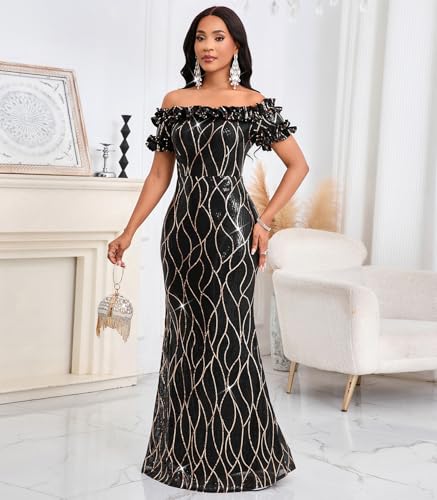 Image of dasmzper Women Sexy Sequin Off Shoulder Ruffle Short Sleeve Bodycon Mermaid Party Formal Evening Maxi Dress