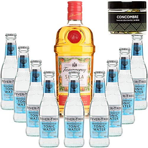 Paquete Gintonic - Gin Tranqueray Flor de Sevilla 9 del árbol de fiebre mediterránea Agua - (70cl 20cl + 9 *) + Pot 50 rodajas de pepino deshidratada