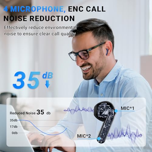 Image of Wireless Earbuds, Bluetooth 5.4 Headphones with 42H Ultralight Ear Buds,Bluetooth Earbuds with 4 ENC Noise Cancelling Mics, HiFi Deep Bass Dual LED Display USB-C, Waterproof Earphones Blue
