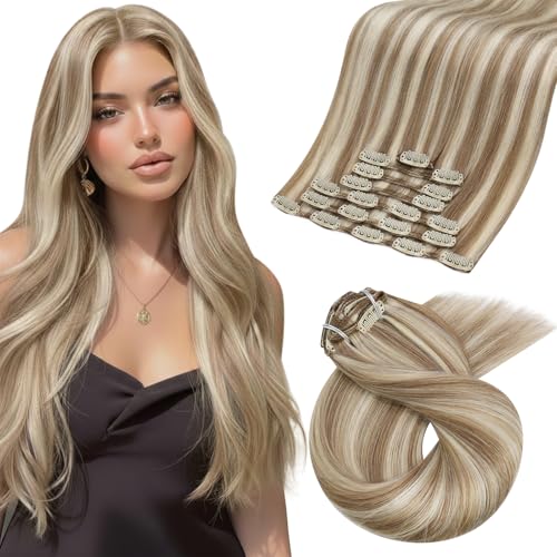 Image of Moresoo Clip in Hair Extensions Blonde Highlight Straight Real Hair Extensions Clip in Human Hair Light Brown with Blonde for Party Women Full Head 7pcs 120g 18inch