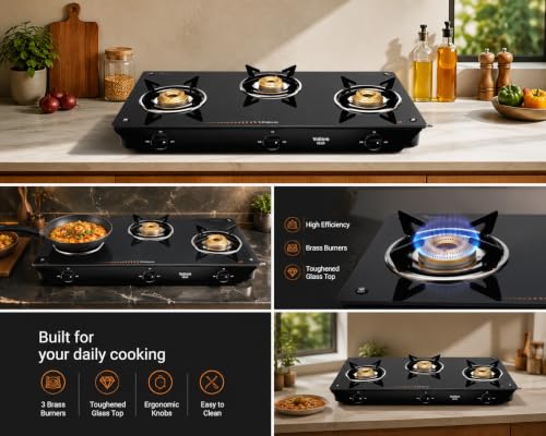 Image of Vidiem VEER 3 Burner Gas Stove with 7mm Toughened Glass Top | Jumbo, Medium & Small Brass Burners | Spill Proof Drip Trays | Heavy Duty Pan Supports | 5 Year Warranty | Manual Ignition