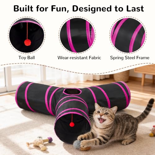 Image of Tempcore Cat Tunnel, 3-Way Collapsible Toy, Large Size Black & Rose Red | Large Size 3-Way Cat Tunnel Provides More Room for Cats to Run, Hide and Chase, with Peek Holes, Hanging Ball and Teaser Wand