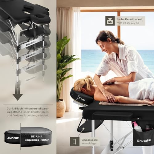tectake® Massageliege 3 Zonen, Massagetisch, Massageliege klappbar, höhenverstellbare Aluminium Massageliege, Massagebett tragbar inkl. Zubehör, Kopfstütze, Armlehne, Tragetasche - schwarz 4
