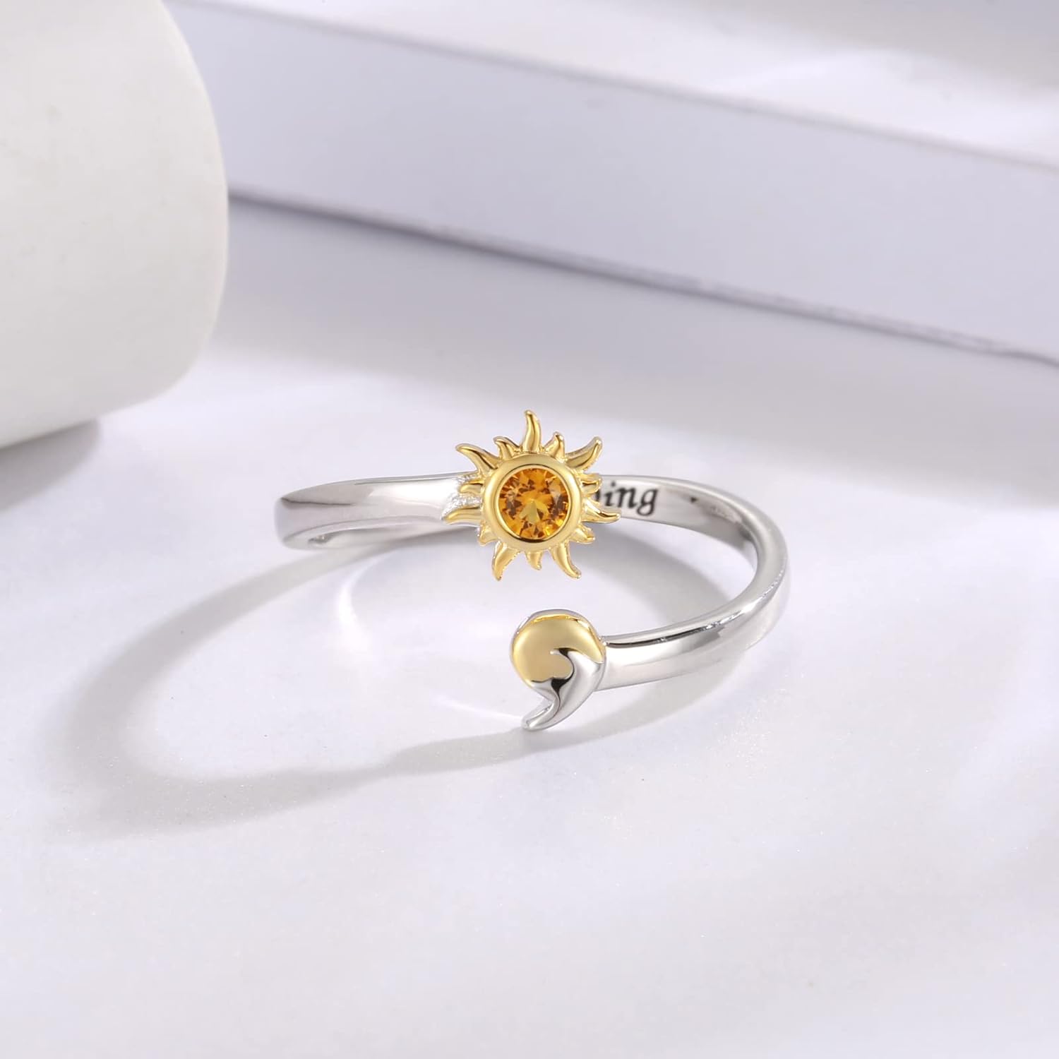 925 Sterling Silver Semicolon Ring - Gold Sun Wave Rings Engraved Keep Going Jewelry Inspirational Gifts for Women