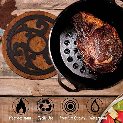Cast-Iron-with-Wood-Trivets-Set-of-2-Wooden-Trivets-for-Hot-Dishes-8-inch-Round-Kitchen-Hot-Pads-for-Table-and-Kitchen-Counter-Heat-Resistant-Rustproof-Non-Slip-Durable-Hand-Crafted-Black - Urban Country Home Decor Cast-Iron-with-Wood-Trivets-Set-of-2-Wooden-Trivets-for-Hot-Dishes-8-inch-Round-Kitchen-Hot-Pads-for-Table-and-Kitchen-Counter-Heat-Resistant-Rustproof-Non-Slip-Durable-Hand-Crafted-Black