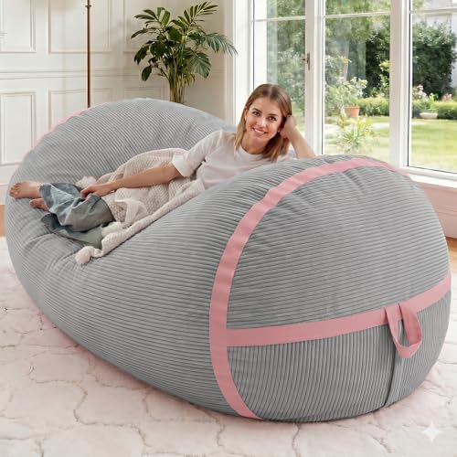 Image of 5FT Bean Bag Chair 5'Giant Bean Bag Chairs with Adults, Large Beanbag Chair | Bean bag Lounger with Machine Washable Cover Corduroy Fabric, Comfy Chairs for Living Room Bedroom Dorm, Lightgrey with Pink