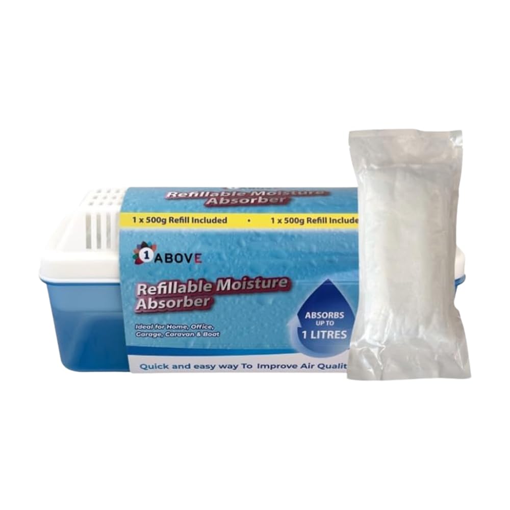 1Above Rechargeable Moisture Absorber Dehumidifier - Includes 1 x 500g Refill, Absorbs up to 1 Litre of Moisture, Helps Stop Moisture, Mildew, Mildew and Condensation - Ideal for