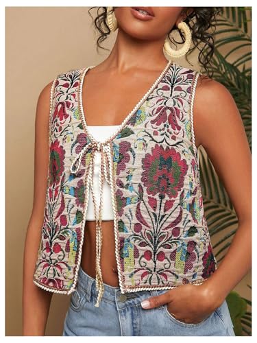 GORGLITTER Women's Tie Front Cardigan Vest Tops Floral Boho Sleeveless Western Trendy Fashion 20253