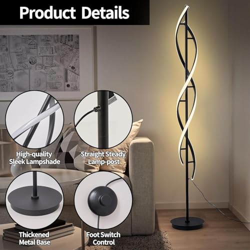 Image of Modern Spiral LED Floor Lamp for Living Room, Contemporary Twisted Standing Lamp with Dimmable Warm White Light, Minimalist Black Corner Light for Bedroom, Office & Home Decor (Halora)