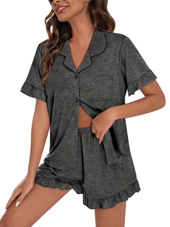Image of SWOMOG Woman Pajama Set Short Sleeve Pjs Set 2Pcs Short Pajamas Button Down Ruffle Hem Sleepwear Soft Modal Loungewear