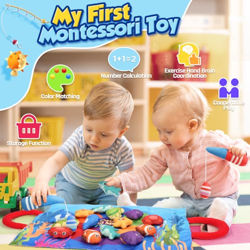 Image of ZOOI Toddler Montessori Toys for 1-3 Year Old, 24PCS Cloth Fishing Game with Stacking Cups for Hand-Brain Coordination, Sensory Baby Toys 6-12 Months, 1-3 Year Old Girl Boy Birthday Gifts