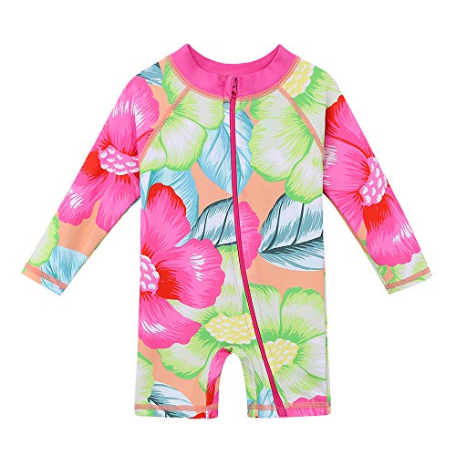 HUAANIUE Baby/Toddler Girl Swimsuit Rashguard Long Sleeve One-Piece Swimwear Flower 5-6 T