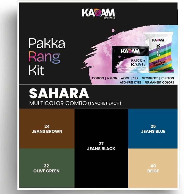Kadam Pakka Rang Fabric Dye for Clothes Permanent | Sahara Multicolour Combo | Jeans Brown, Jeans Black, Jeans Blue, Olive Green, Beige | 5 Sachets Fabric Dye with 5 Sachets DyFix Color Fixer — 사진 1