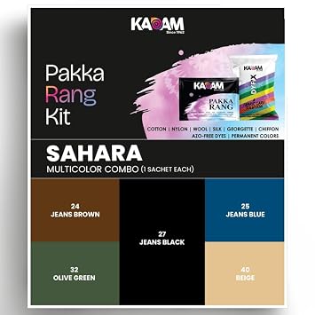 Kadam Pakka Rang Fabric Dye for Clothes Permanent | Sahara Multicolour Combo | Jeans Brown, Jeans Black, Jeans Blue, Olive Green, Beige | 5 Sachets Fabric Dye with 5 Sachets DyFix Color Fixer
