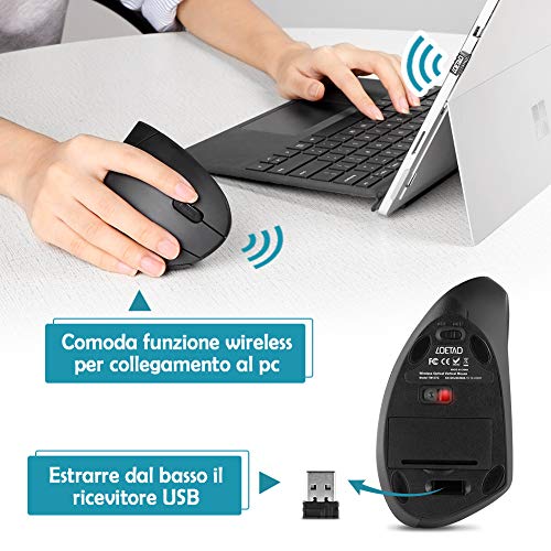 LOETAD Mouse Verticale Wireless Mouse Ergonomico Silenzioso modalità Standby 6-Tasti 800/1200/1600 DPI con Design Ergonomico per PC, Desktop, Laptop, Mac