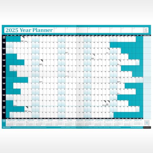 2025 Year Yearly Annual Office Home Wall Planner Calendar Chart Poster/Includes UK & Ireland Bank Holidays/Unmounted Unlaminated Teal, Extra Large 68cm x 100cm Rolled