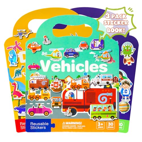 Image of Reusable Sticker Books for Toddlers 1-3, Puffy Stickers Book for Kids Ages 2-4, Toddler Travel Essential Activities Toys for Boy Girl Birthday Christmas - Vehicle, Space and Dinosaur (3 Set)