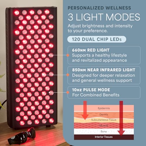 Image of Lifepro Red Light Therapy for Body Panel - 90 & 120 Dual Chip LEDs - 660nm & 850nm Near Infrared Full Body Red Light Therapy Panel - for General Wellness & Comfort -Includes Hanging Kit and Eyewear