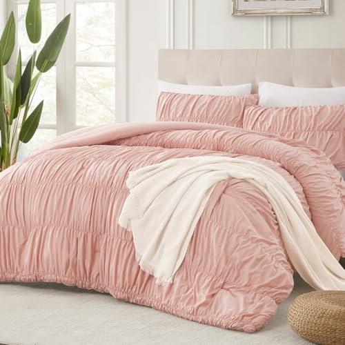 Image of Andency Ruched Blush Pink Full Size Comforter Sets, Shabby Chic Pleatd Bedding Sets 3 Pieces, Lightweight Soft Boho Ruffle Bed Set for Girls, Kids, Women, All Season