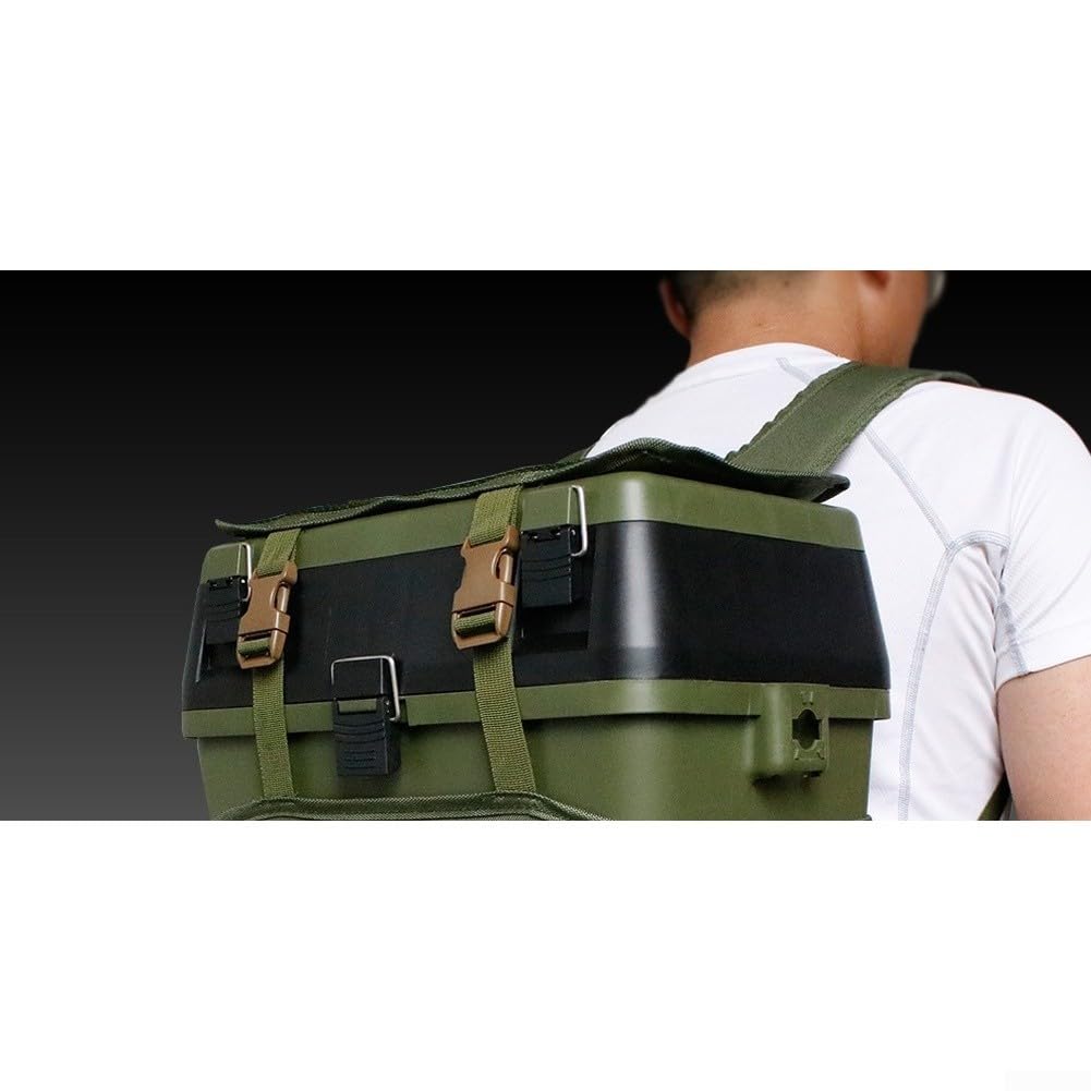 Mochila de pesca de nailon verde con capacidad de 36 litros y caja de aparejos para almacenamiento organizado de equipo con panel trasero de malla transpirable y cojín de asiento integrado para viajes