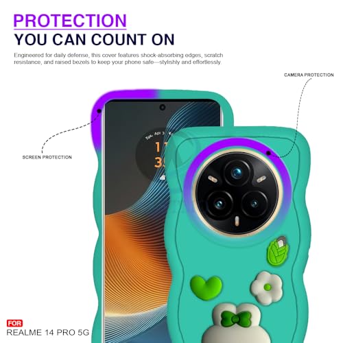 Image of AESTMO Back Case Cover for Realme 14 Pro 5G | 3D Cute Fun Cartoon Characters | Anti Slip Grip Cute Wave Curly Frame Shape | Back Cover for Realme 14 Pro 5G (Green)