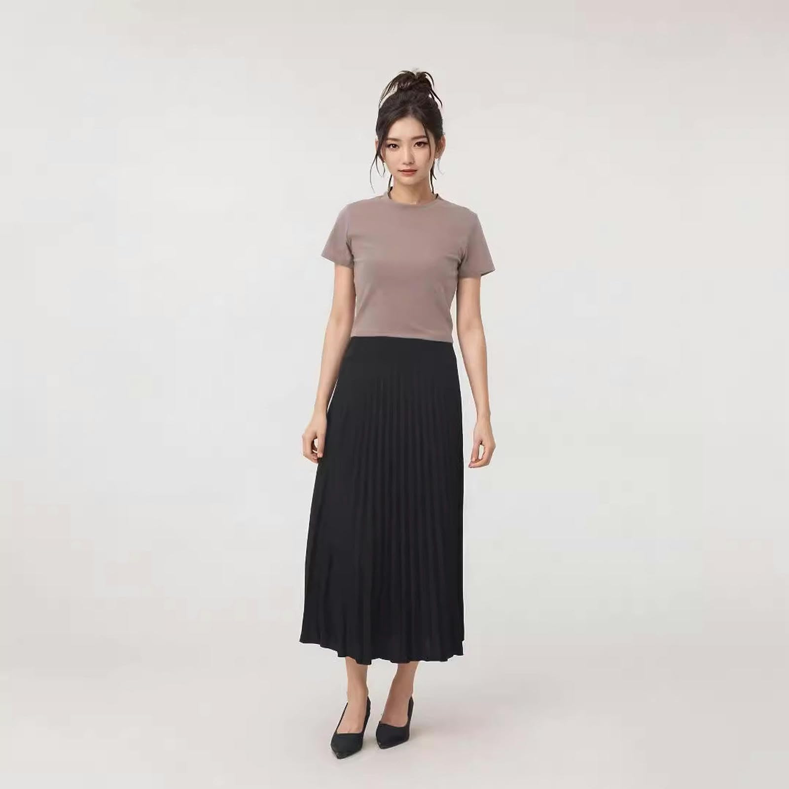Gonna Donna Gonna A-Line A Pieghe Lunghe da Donna, Gonna Nera in Vita Alta, Design Rugoso per Lo Stile Elegante-Nero-l