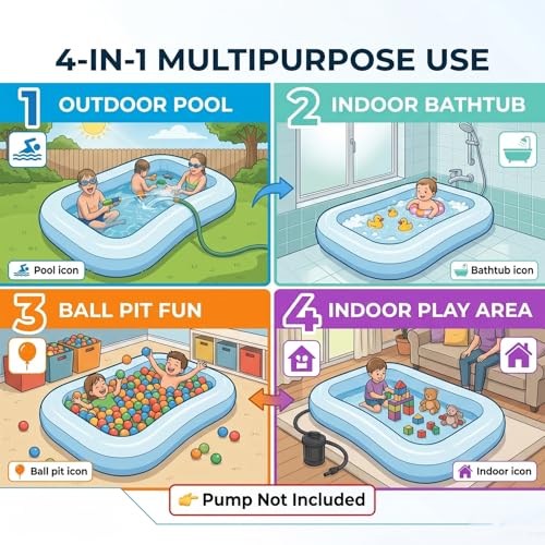 Image of Coku 5.5 Feet Rectangular Inflatable Swimming Pool for Kids & Adults | Foldable Family Bathtub, Large Rectangular Pool Thick PVC Pool for Backyard, Garden, Indoor Outdoor Summer Use (Multicolor)