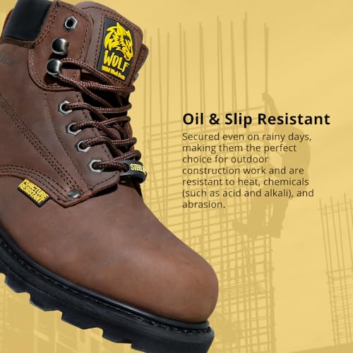 Wolf Work Boot | 100% Genuine Upper Leather | Oil Impact | Electrical Hazards | Non-Slip Rubber Sole | Tan Nubuck Plain Toe | Padded Collar | Construction | Industrial PPE4