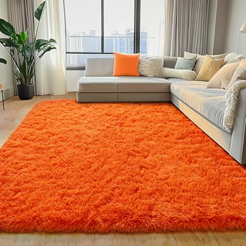 Image of 5x7 Area Rugs for Living Room, Orange Fluffy Shag Rug for Bedroom