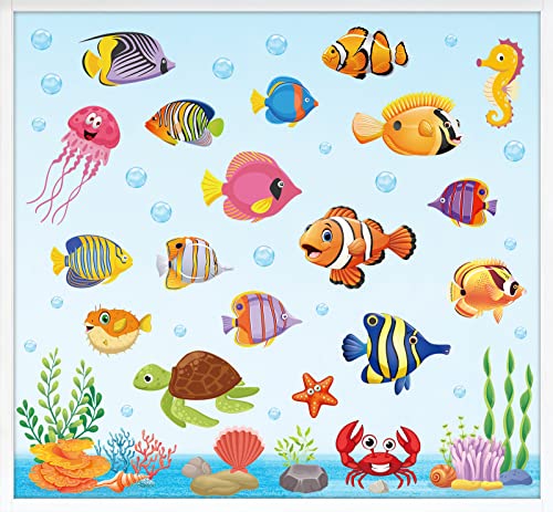 AnyDesign 9 Sheets Summer Ocean Themed Tropical Fish Window Decals Double-Sided for Summer School Home Office Bathroom Decor Party Under The Sea Party Supplies