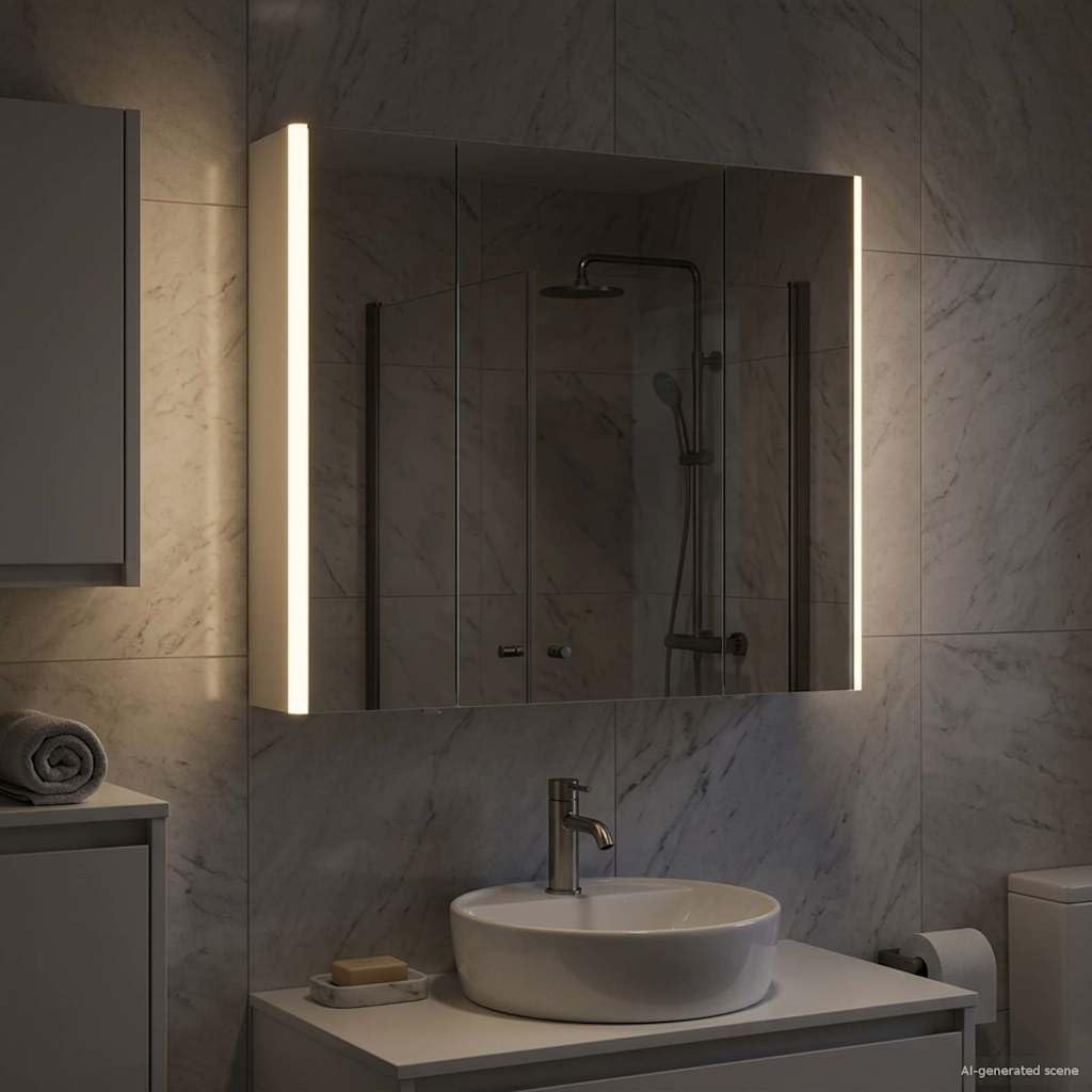 Szafka łazienkowa z lustrem, biała, materiał drewnopochodny, 83,5 x 15,5 x 70 cm, z oświetleniem LED, montaż na ścianie, regulowane półki i lustro z obu stron, do nowoczesnej łazienki i