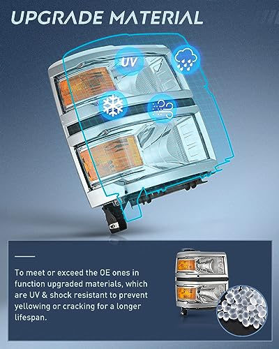 Image of Nilight Headlight Assembly for 2014 2015 Chevy Silverado 1500 Pickup Truck | Replacement Headlamp Chrome Housing Amber Reflector Driver and Passenger Side