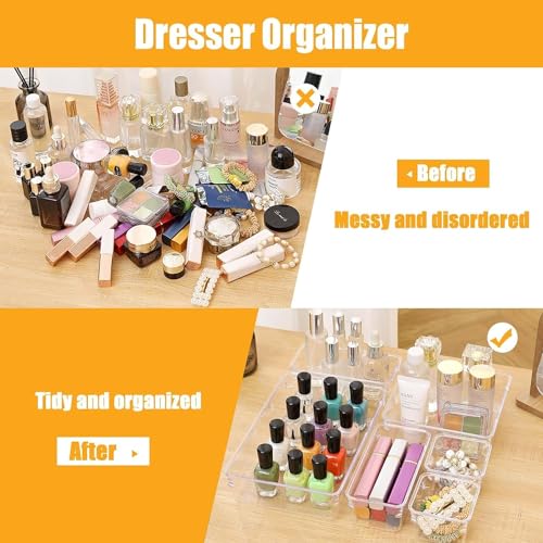 Image of Desk Drawer Organizers Trays Set Clear Plastic Storage Bins Bathroom Drawer Tray Dividers Vanity Trays Organizer For Bedroom Dresser Makeup Kitchen Utensil Office (Set Of 10), Transparent