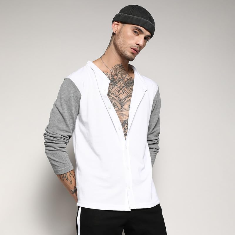 Image of Campus Sutra Men's White & Grey Colourblocked Button Up Regular Fit Regular Fit Shirt for Casual Wear | Cotton Shirt Crafted with Regular Sleeve, Comfort Fit & High-Performance for Everyday Wear