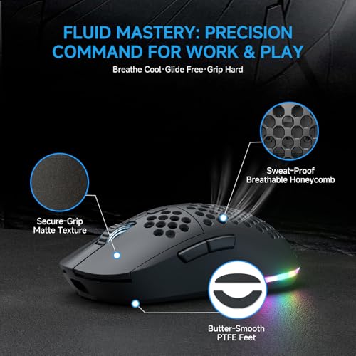 Image of TMKB Falcon M1 Wireless Gaming Mouse, 24000 DPI, 180-Hour Battery, Black | Optical Sensor, 90g Ergonomic Honeycomb Design, 6 Programmable Buttons, RGB Strip, 2.4GHz, BT5.2 and USB-C Wired Connectivity