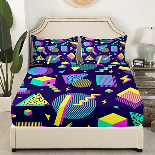 Erosebridal Retro 80S Style Sheet Set Twin,Abstract Geometric Pattern Bed Sheets Urban Modern Design With Circles And Triangle Fitted Sheet Colorful Pop Art Inspired Pattern Top Sheet For Boys Child #TOP2