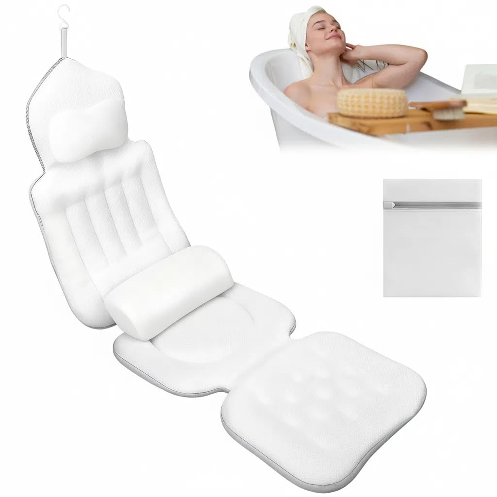 Cuscino per vasca da bagno intero con cuscino lombare, spessore 4D, con poggiatesta supporta collo, schiena e gambe, cuscino per vasca da bagno con ventose, gancio sospeso, sacco per la biancheria