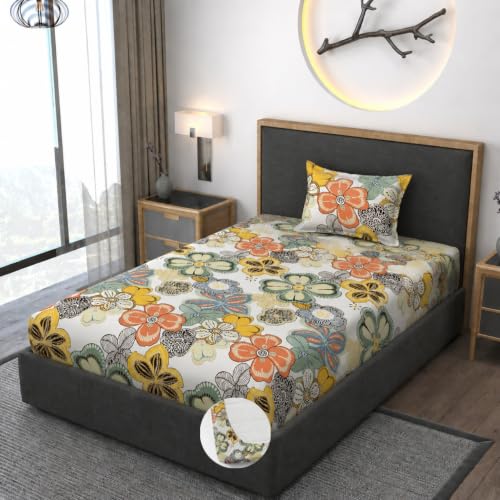 Image of Vaini Premium Heavy Cotton Elastic Fitted Bedsheets with 1 King Size Pillow Covers || Single Bed with All Around Elastic 350 TC || 36 x 78 x 6 Inch Single Size Fitted || :- Cream Big Flower