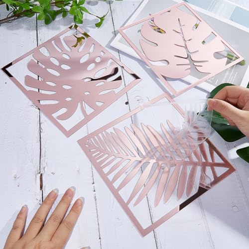 CREATCABIN 3Pcs Leaf Mirror Wall Stickers Square Mirror Art Decals Acrylic Wall Mirror Decor Mural Sticker Set Detachable for DIY Home Living Room Bedroom Wall Decoration 7.4 x 7.8Inch Pink - Image 3