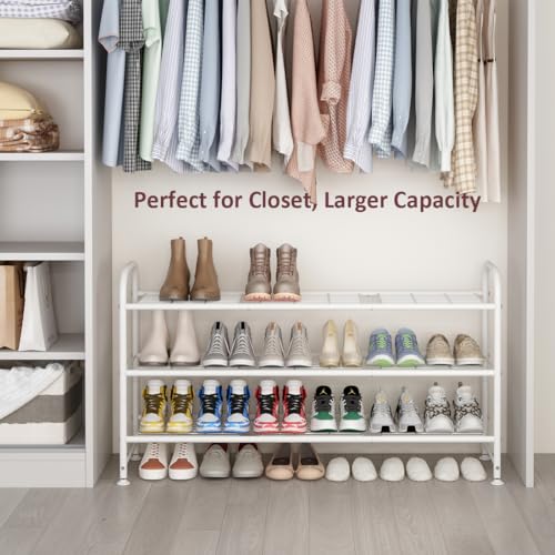 Image of LINZINAR Shoe Rack Long 3 Tier Shoe Storage Organizer Metal Wide Shoe Shelf for Closet Entryway Bedroom 24 Paris Large Capacity, Black (White, 3-Tier)