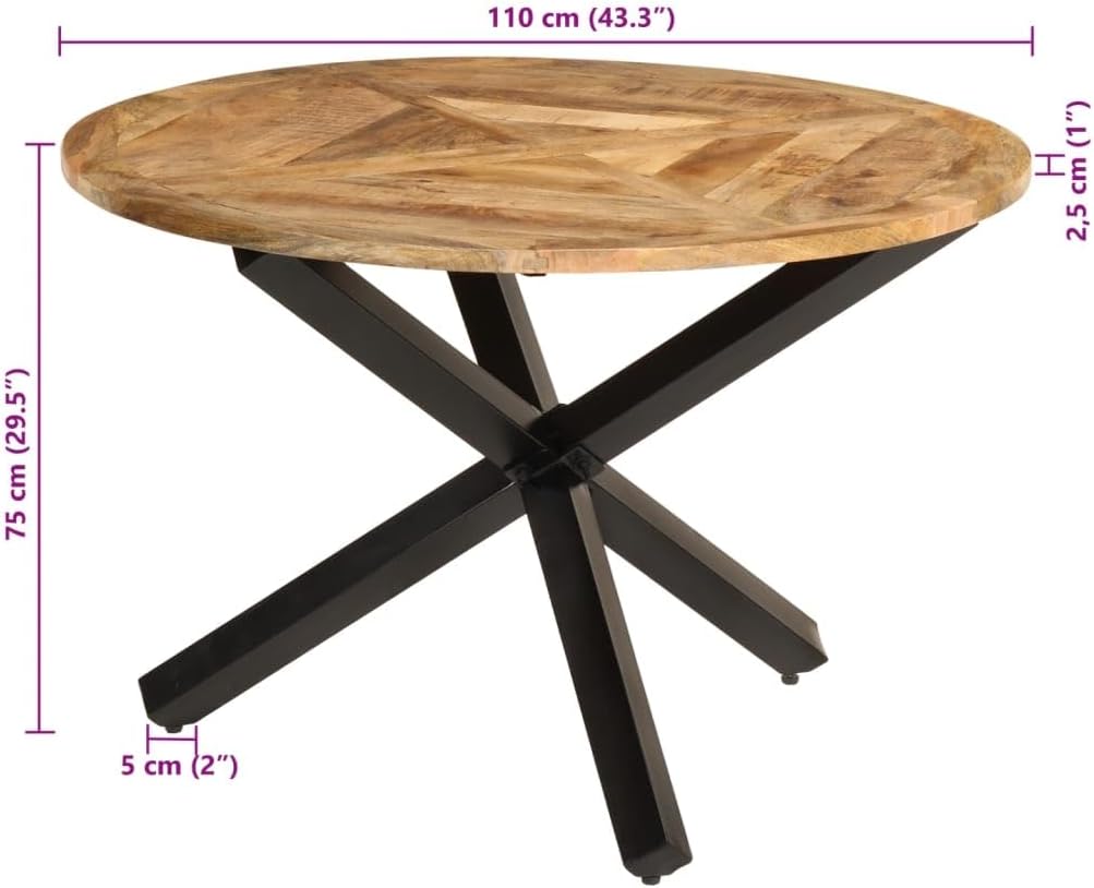 Round Solid Mango Wood Dining Table with Black Metal Legs for Rustic Kitchen Decor and Family Gatherings, Durable Construction and Unique Wood Grain Patterns