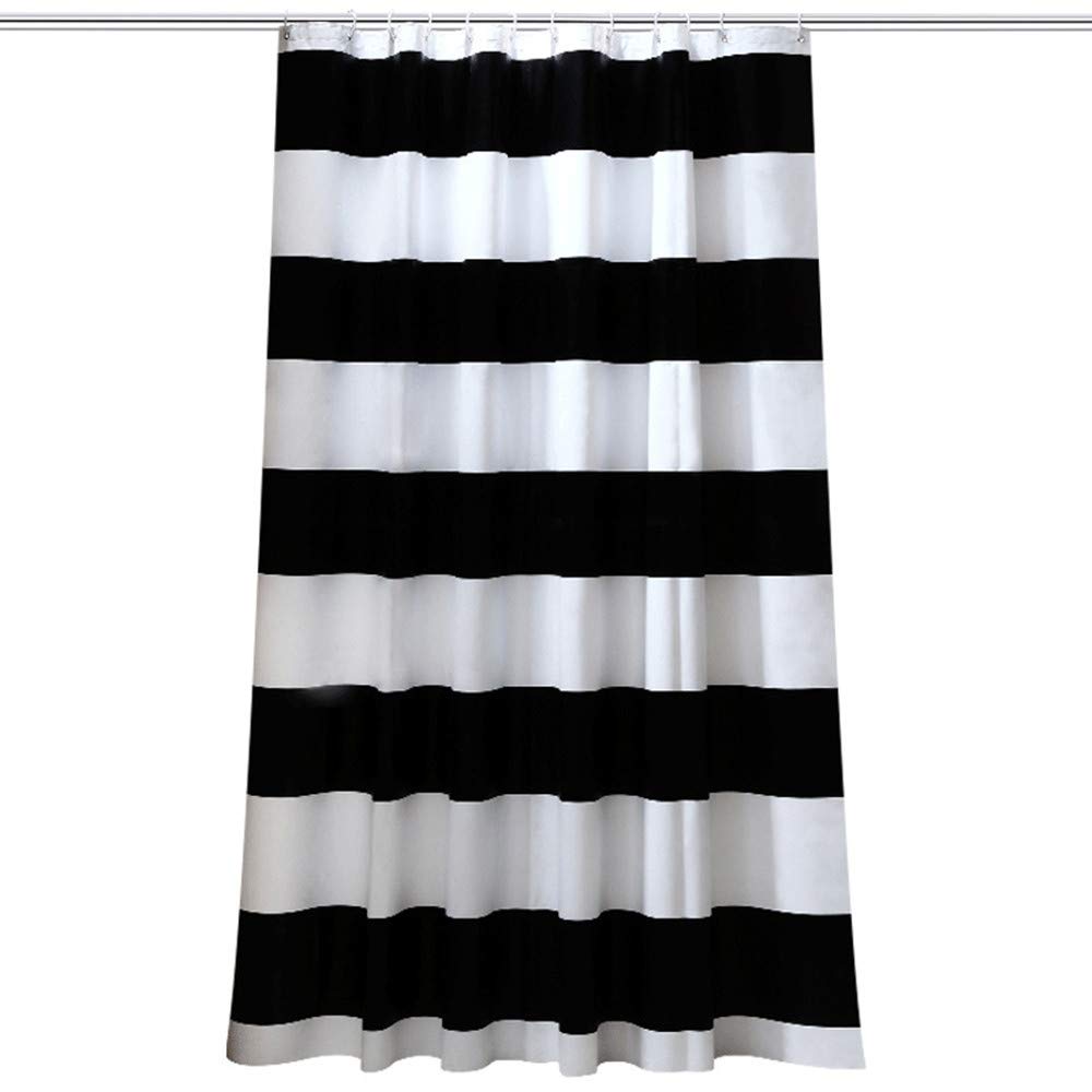 QIYOU Bathroom Shower Curtain, Water Repellant Anti Mould Polyester Fabric Curtains, White and Black Stripe Pattern with Hooks