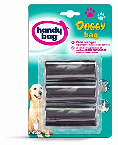Handy Bag 3 Rouleaux de 12 Sacs, Pour Déjections Canines 3 L, Doggy Bag, Format Compact, Pack de 3 Rouleaux, Noir, Opaque Cover